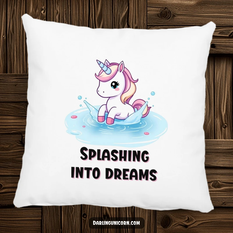 Funny pillow featuring a unicorn playfully splashing in a crystal clear pond, perfect for comfortable, refreshing relaxation.
