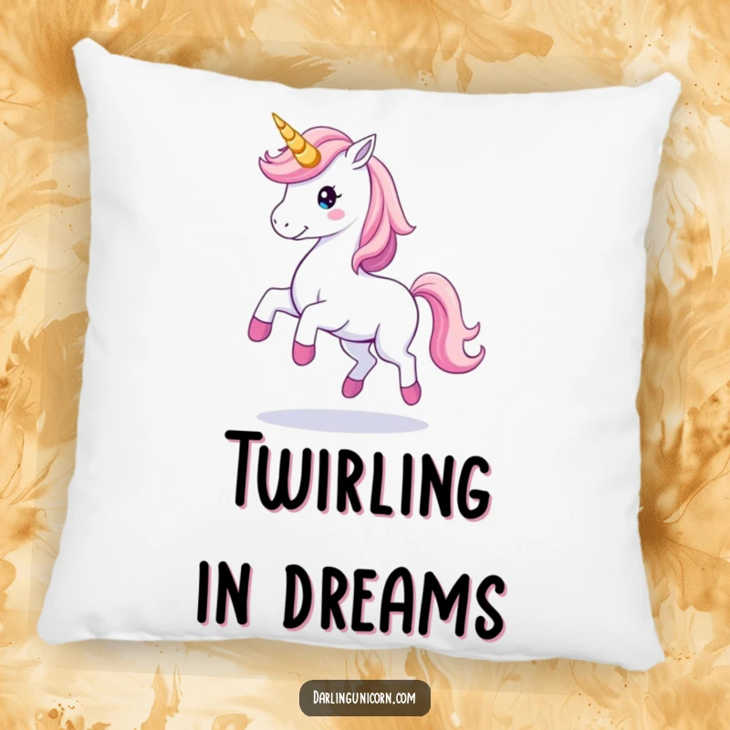 Soft pillow featuring a unicorn gracefully twirling with a magical horn trail, perfect for adding ethereal comfort and charm.