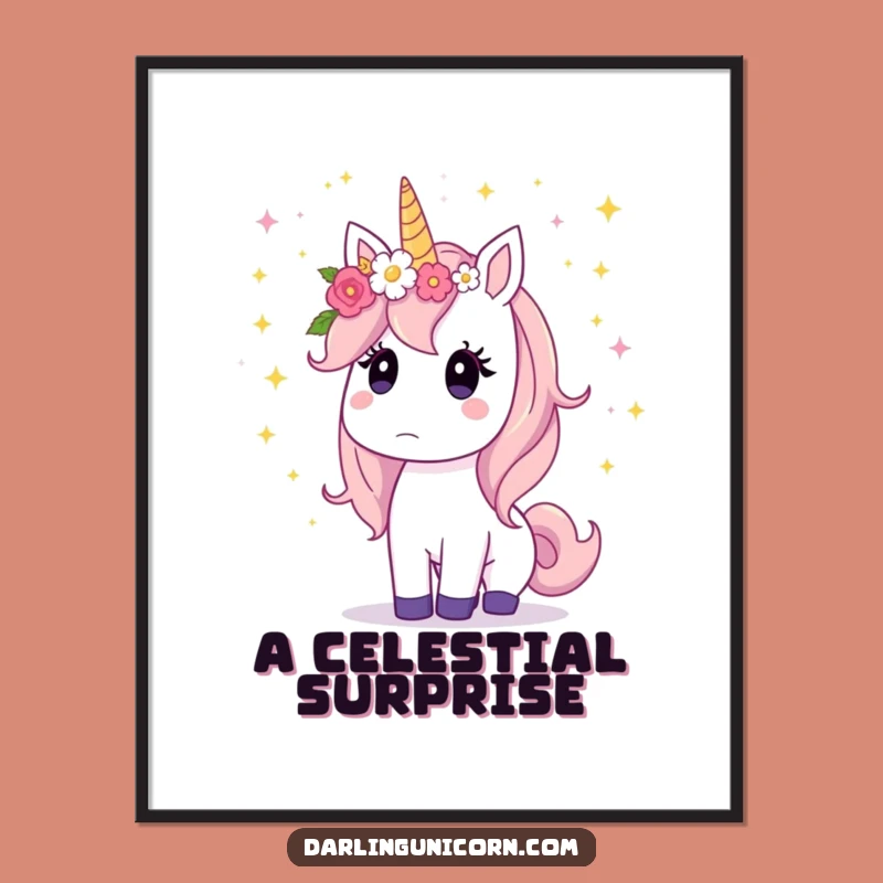 Funny Unicorn Digital Art: Surprised Stardust Fall, Instant Magic Gift
