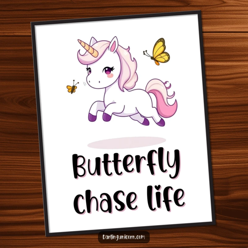 Funny digital art print of a unicorn playing tag with a butterfly, captured mid-leap in a moment of pure, happy energy.