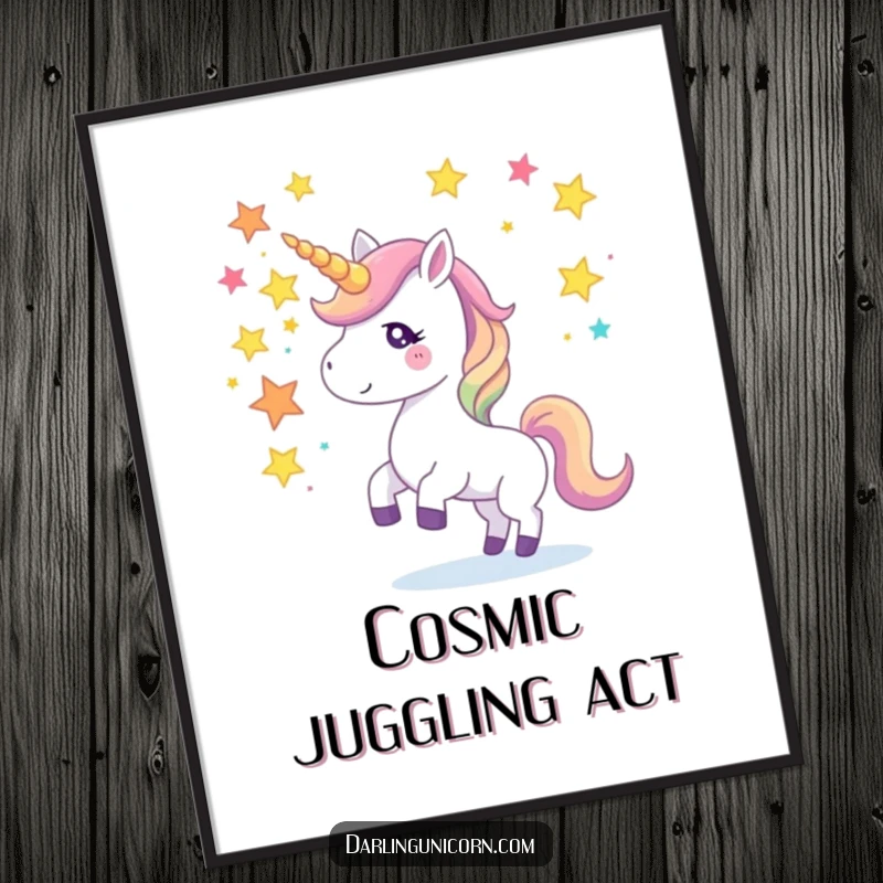 Funny digital art print of a unicorn juggling colorful star fragments with its horn, bringing playful magic and cosmic charm to any space.