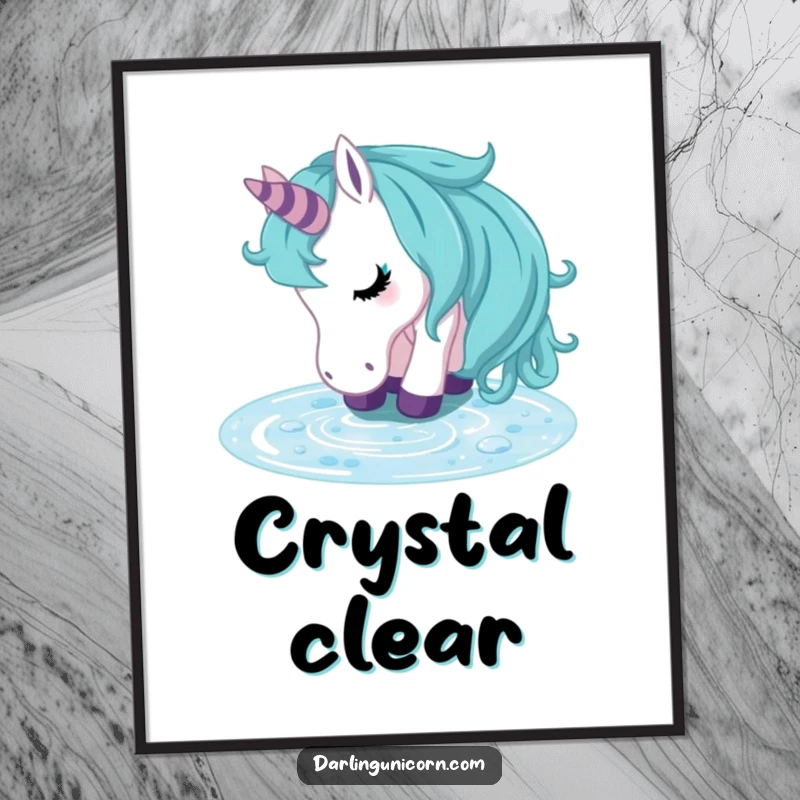 Funny unicorn digital art print of a unicorn looking refreshed while drinking from a crystal clear stream, perfect for instant peaceful and serene wall decor.