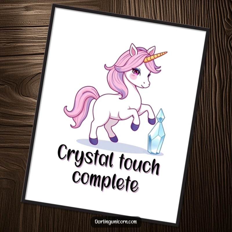 Funny digital art print of a unicorn with a flowing tail gracefully touching a crystal, symbolizing magic and serene beauty.