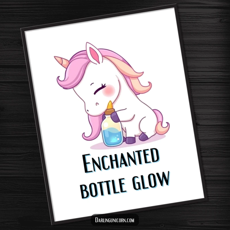 Funny digital art print of a gentle unicorn nuzzling a small, luminous potion bottle with affection, creating a magical and heartwarming display.