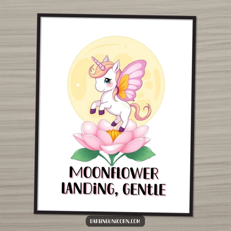Funny digital art print of a unicorn with butterfly wings gently landing on a blooming moonflower, creating a scene of ethereal beauty.