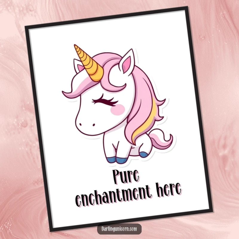 Funny Digital Art Print of a beautiful unicorn with a golden horn, captured in an adorable, charming wink.