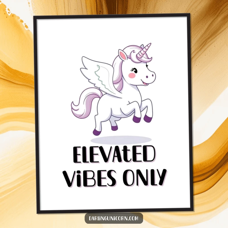Funny happy unicorn with majestic wings spread wide, galloping dynamically in a stunning digital art print.