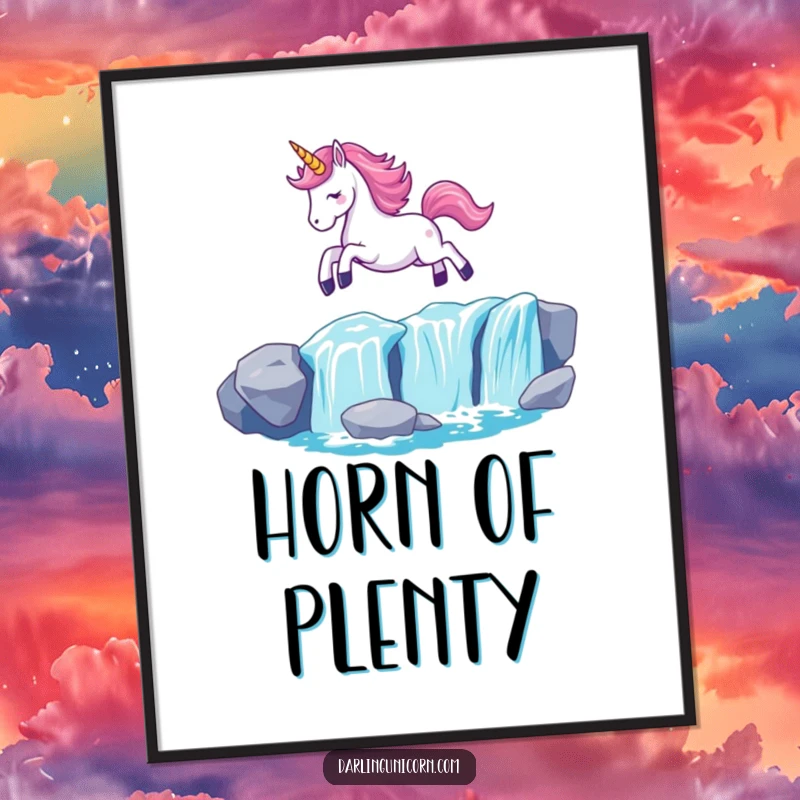 Funny Kawaii Unicorn Digital Art Print: A unicorn with an aglow horn gracefully leaps over a shimmering waterfall, radiating enchantment.