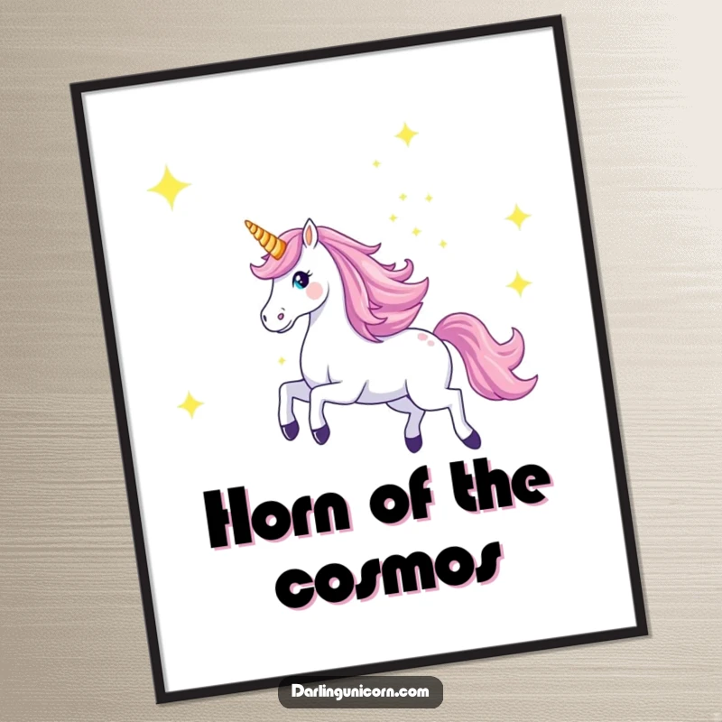 Funny digital art print of a majestic unicorn galloping across a starry sky with its horn aglow, creating a majestic cosmic scene.