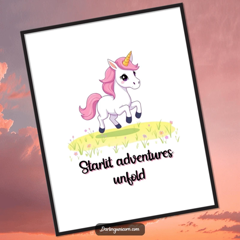 Funny Digital Art Print of a unicorn with a starry mane, captured in a spectacular gallop through a magical landscape.