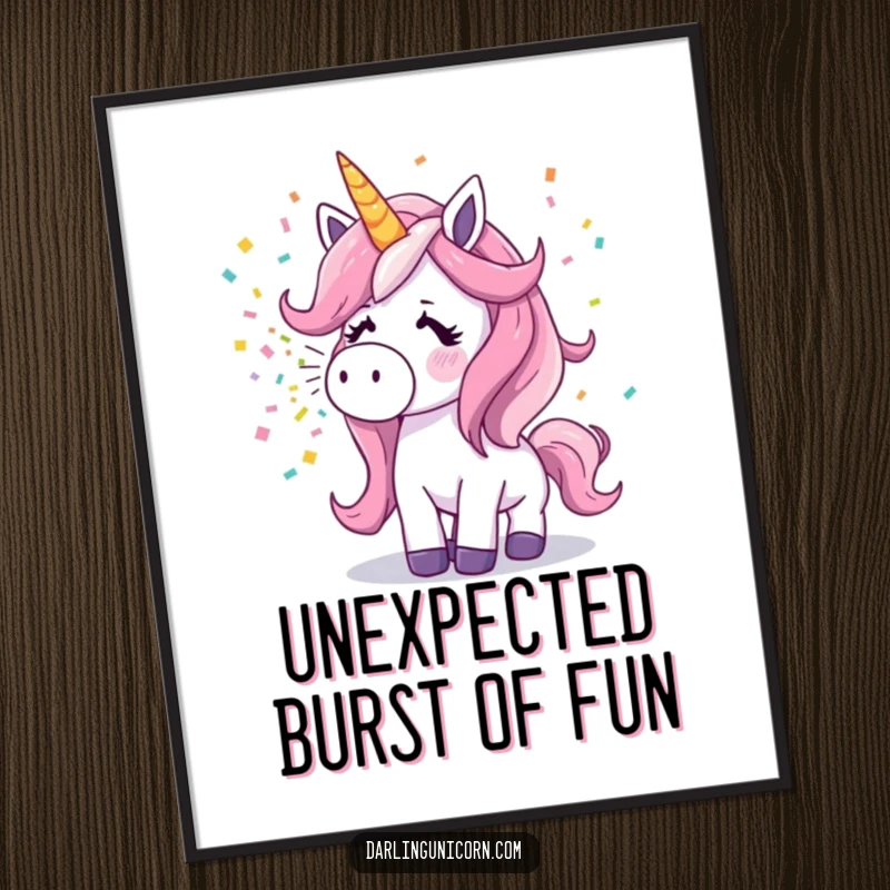 Funny surprised unicorn sneezing a vibrant explosion of colorful confetti in a high-quality digital art print.