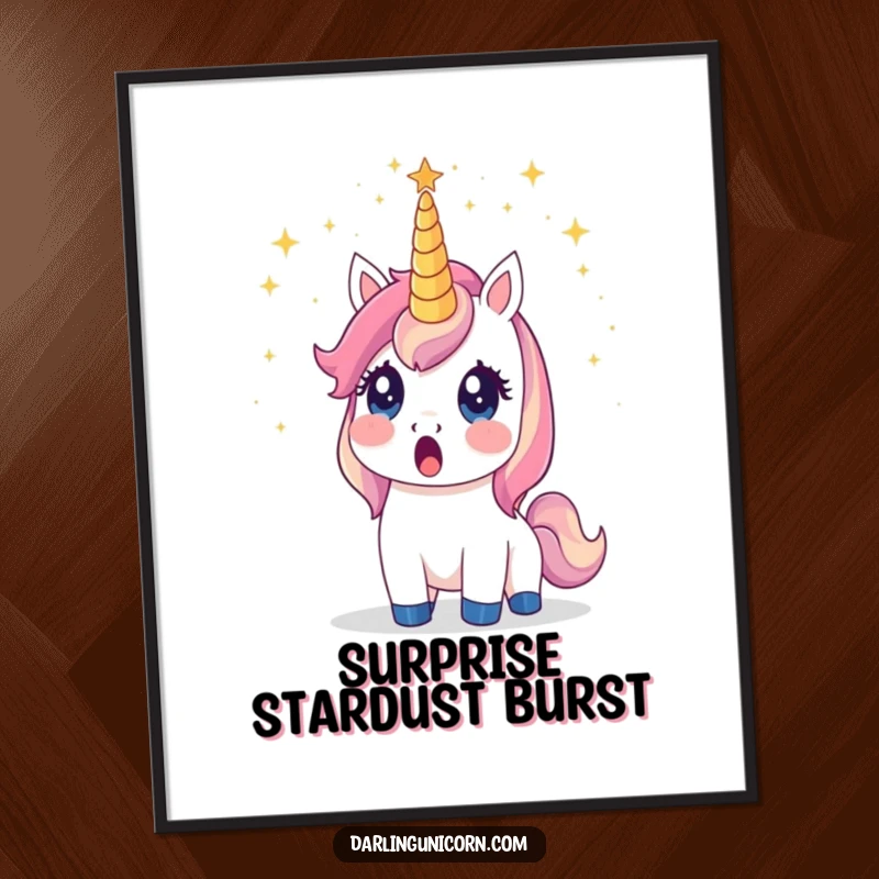 Funny unicorn digital art print of a surprised unicorn whose horn is showering stardust, bringing instant cosmic magic.