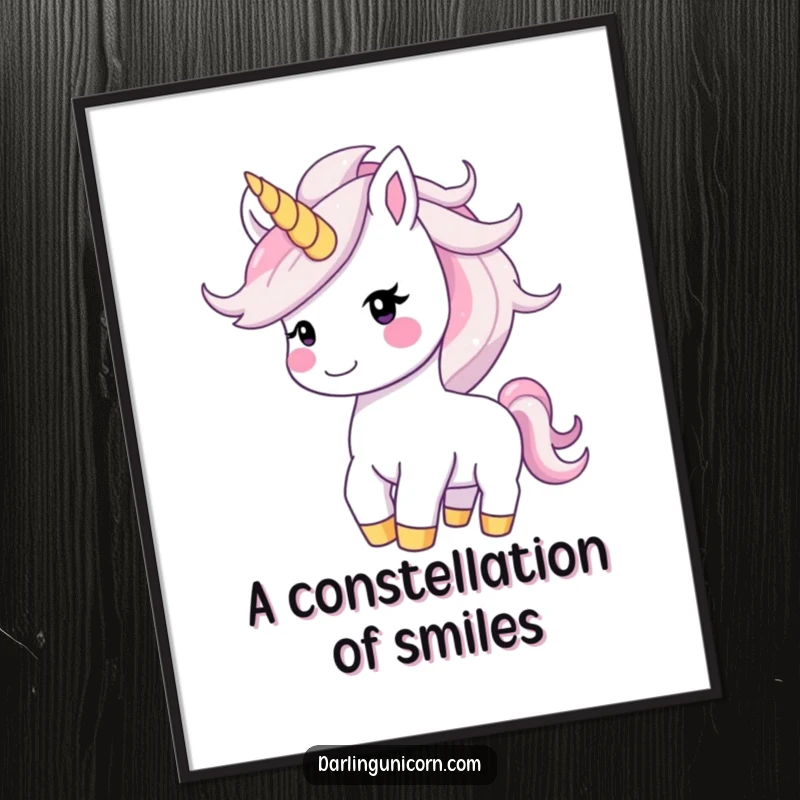 Funny happy unicorn with a smiling face tossing its shimmering, starry mane, a joyful digital artwork.
