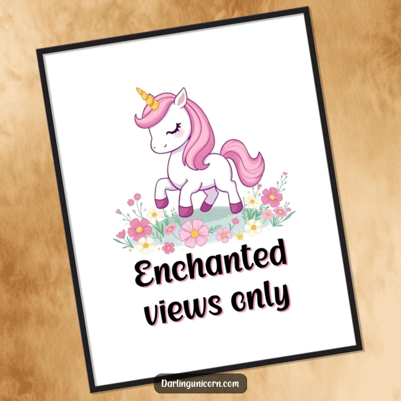 Funny unicorn prancing with a glowing horn on a field of dazzling glitter flowers, a magical digital artwork.