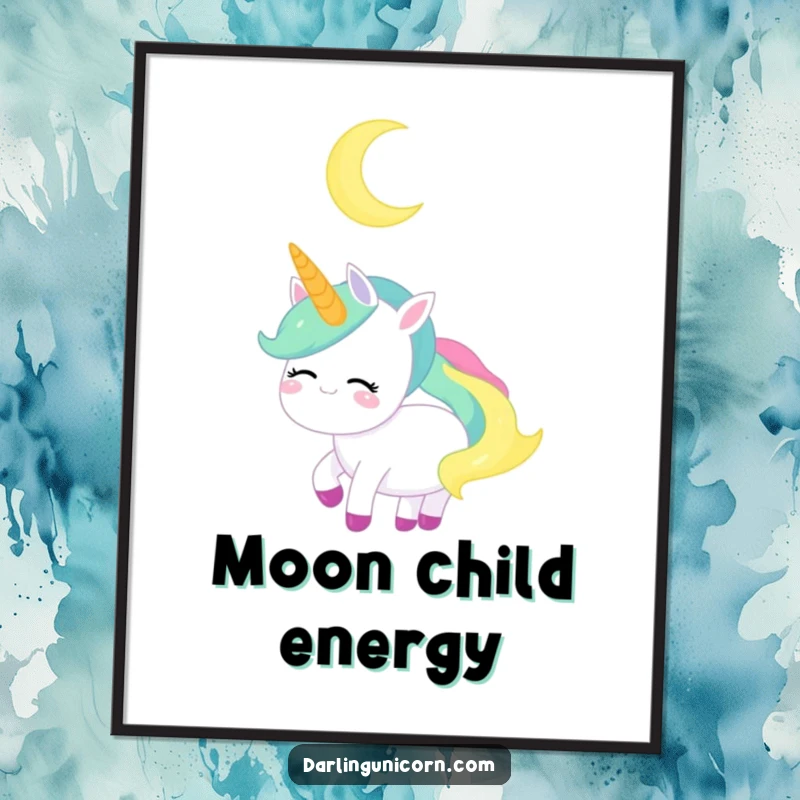 Funny Unicorn Digital Art Print: A serene unicorn gazes at a crescent moon, peaceful and charming downloadable art.
