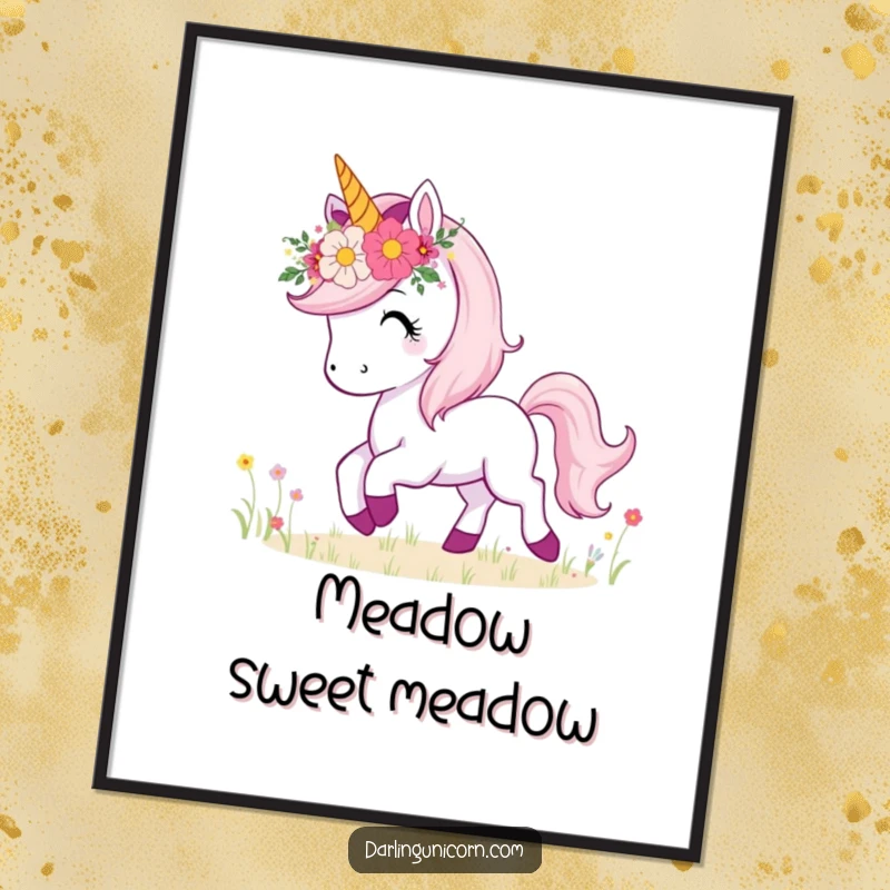 Funny digital art print of a unicorn with a flower crown, happily prancing through a vibrant meadow, creating a cheerful scene.