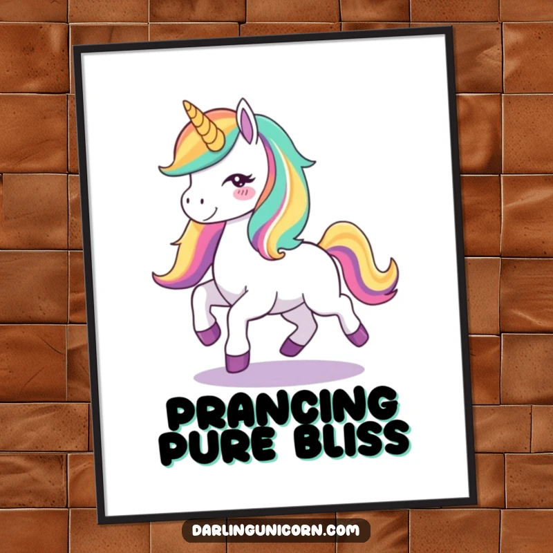 Funny Unicorn Joy Digital Art Print: A high-resolution image of a cute unicorn with a rainbow mane joyfully prancing, perfect for magical and humorous wall art.