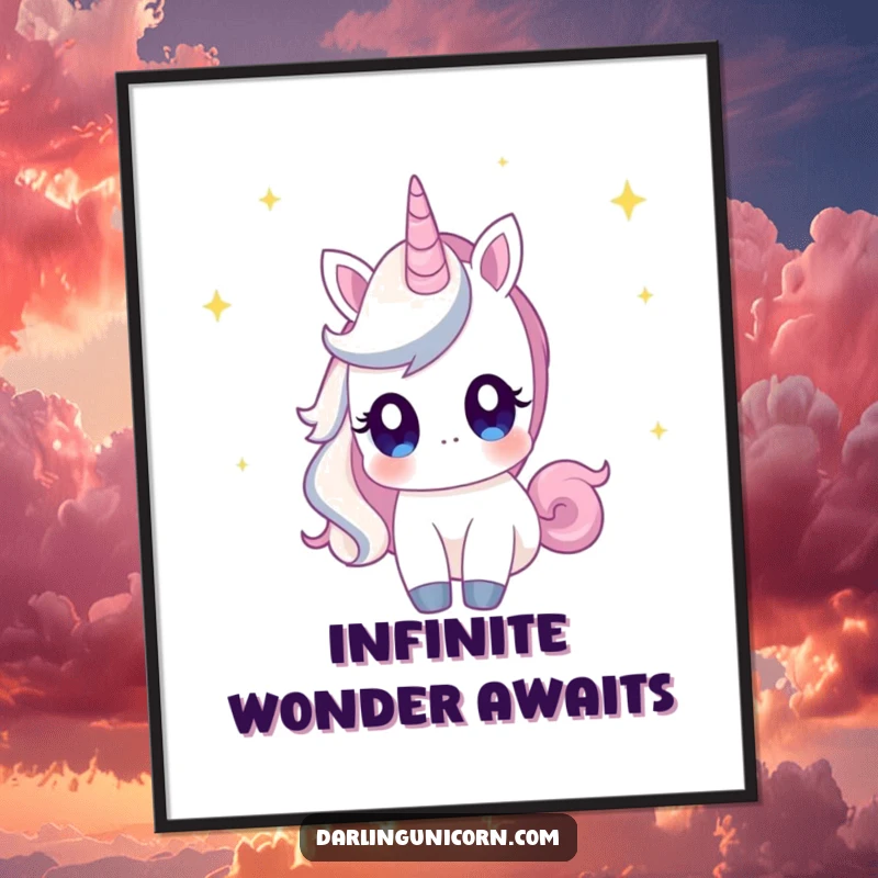 Funny digital art print of a unicorn with wide, curious eyes, gazing at a sky full of shooting stars, creating wonder.