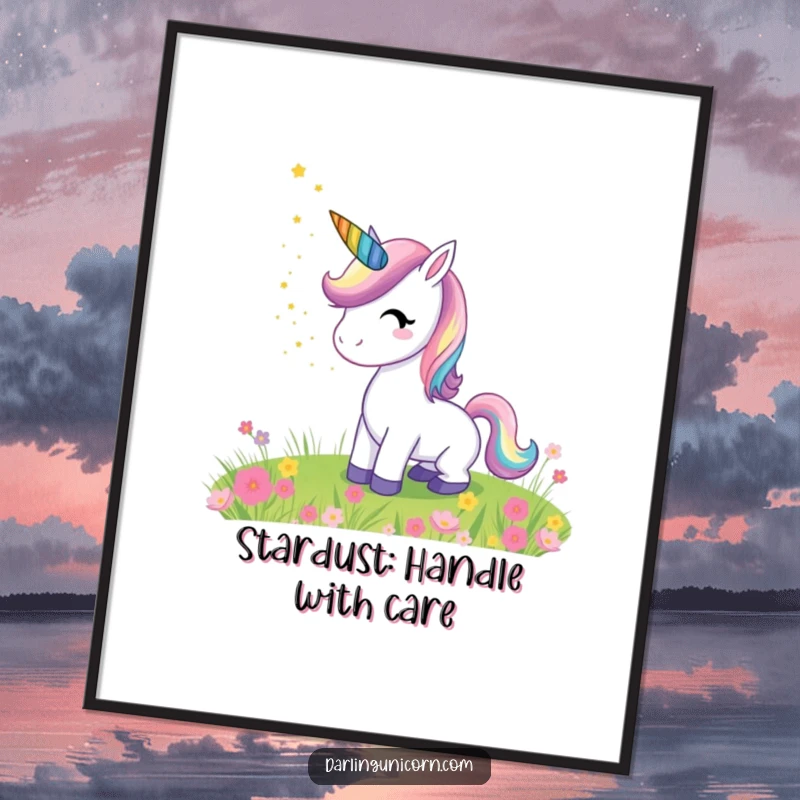 Funny digital art print of a unicorn with a rainbow horn sprinkling stardust over a meadow, ideal for enchanting any space instantly.