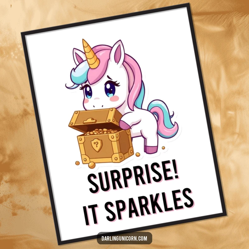 Funny digital art print of a unicorn wide-eyed with surprise upon finding a chest full of glittering treasure.
