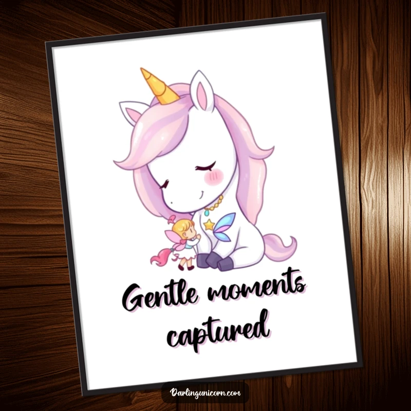 Funny digital art print of a unicorn with a gentle smile nuzzling a tiny, ethereal fairy, perfect for instant magic.