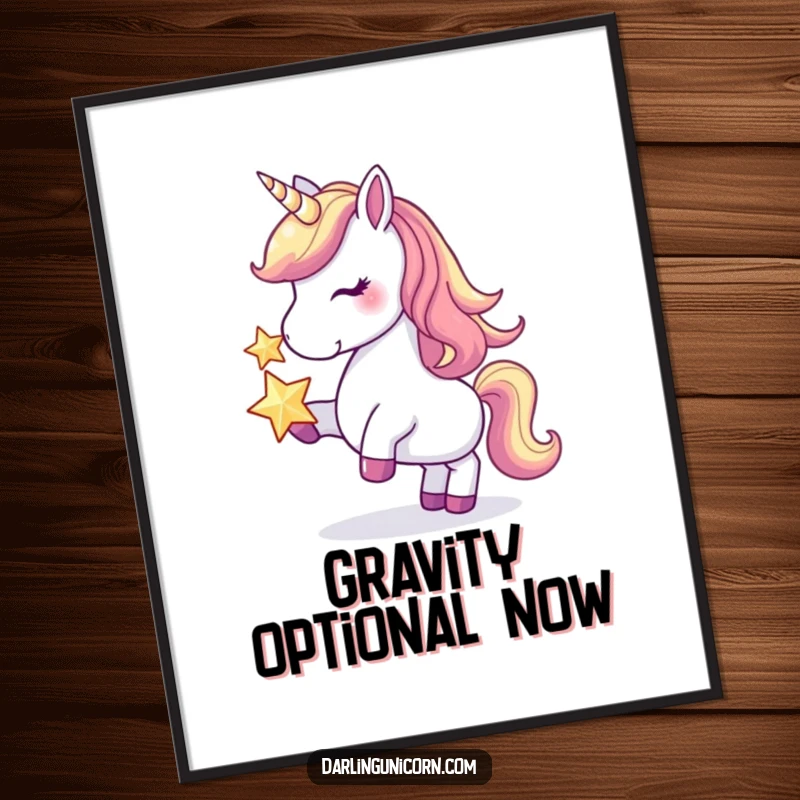 Funny digital art print of a unicorn gracefully balancing a shimmering star on its nose, creating an atmosphere of playful magic.