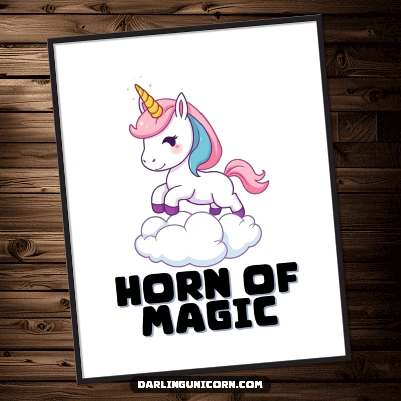 Funny Leaping Unicorn Digital Art Print: A high-resolution image of a young unicorn with a sparkling horn leaping over a cloud, perfect for magical and humorous wall art.