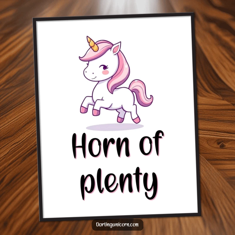 Funny digital art print of a kawaii unicorn with a sparkling horn, joyfully prancing with magical energy.