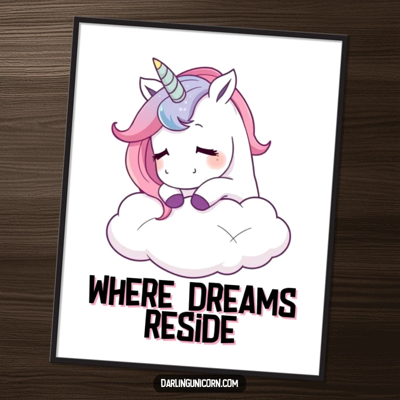 Funny digital art print of a unicorn nuzzling a fluffy cloud with a contented sigh, bringing whimsical serenity to any digital display or print.