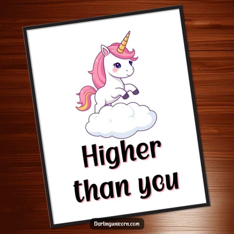 Funny digital art print of a unicorn with a shimmering horn leaping over a cloud, capturing ethereal beauty for instant decor.