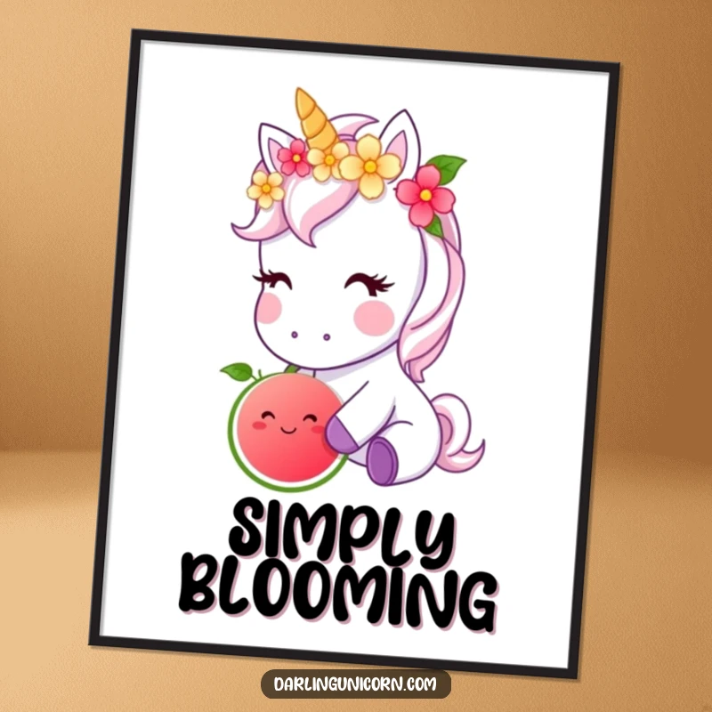 Funny digital art print of a cute unicorn with a flower crown nibbling a magical fruit, capturing sweet, whimsical charm for your space.