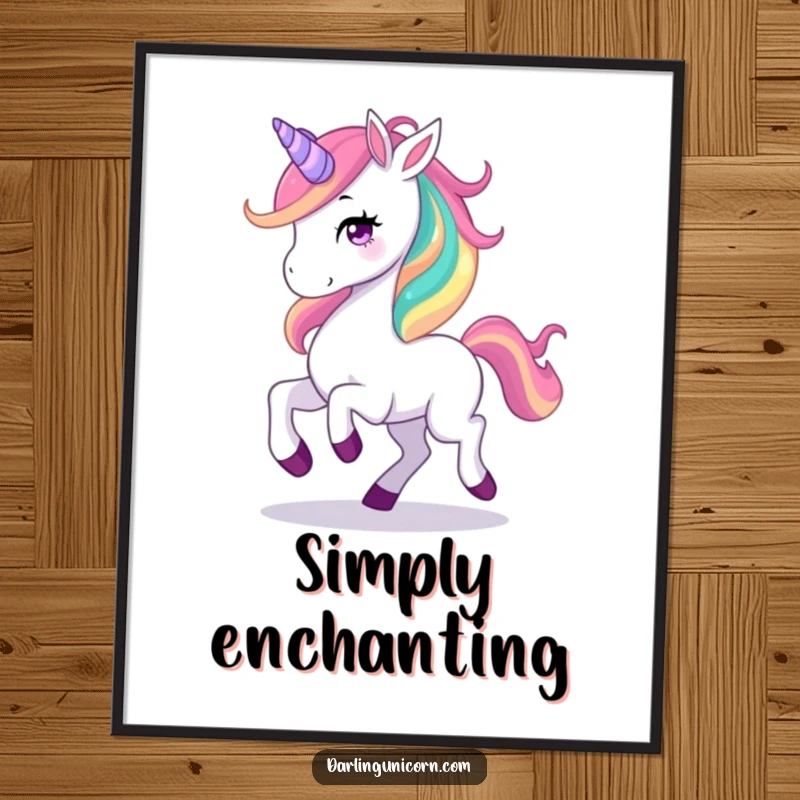 Funny digital art print showing a graceful unicorn prancing with a spectacular rainbow mane, capturing whimsical magic for instant download.