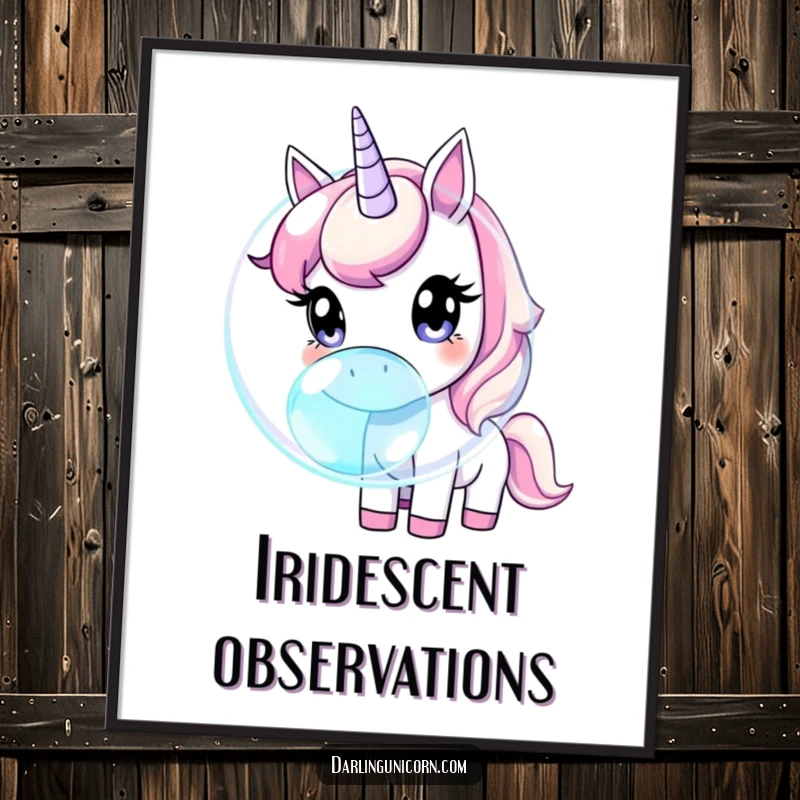 Funny unicorn with wide, curious eyes sniffing a large, shimmering iridescent bubble, a magical digital artwork.