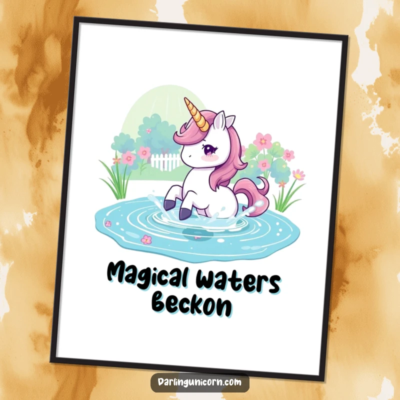 Funny Digital Art Print of a unicorn playfully splashing in a vibrant magical pond, embodying pure enchantment.