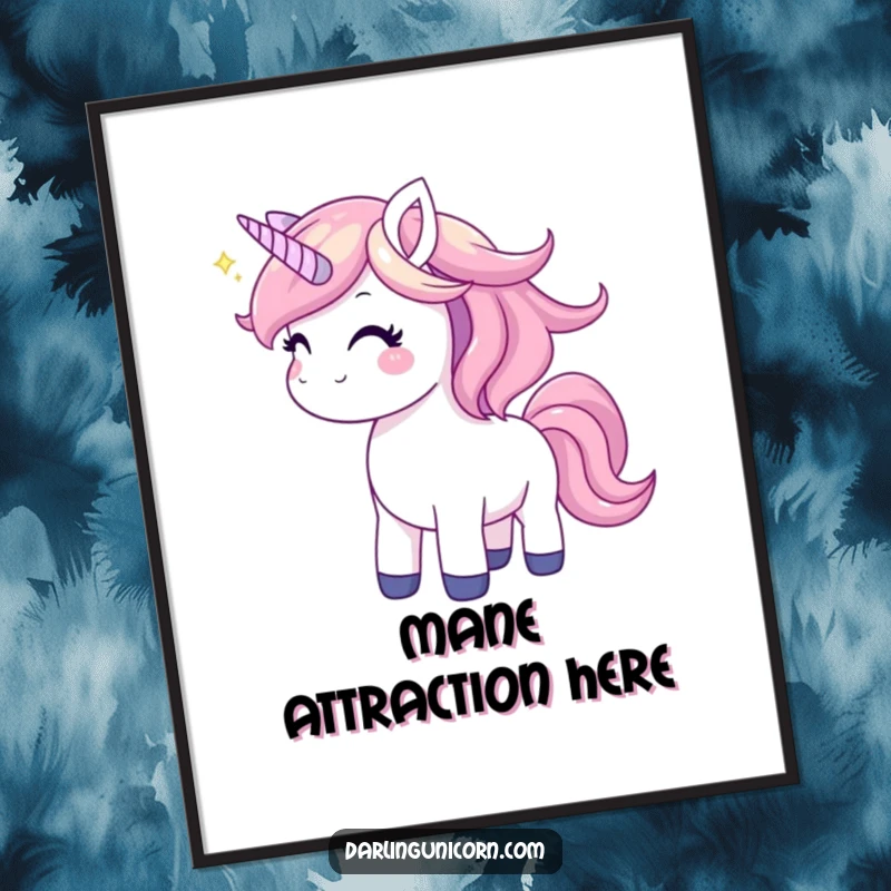 Funny unicorn digital art print of a joyful unicorn gleefully tossing its mane, radiating happiness and magical vibes instantly.