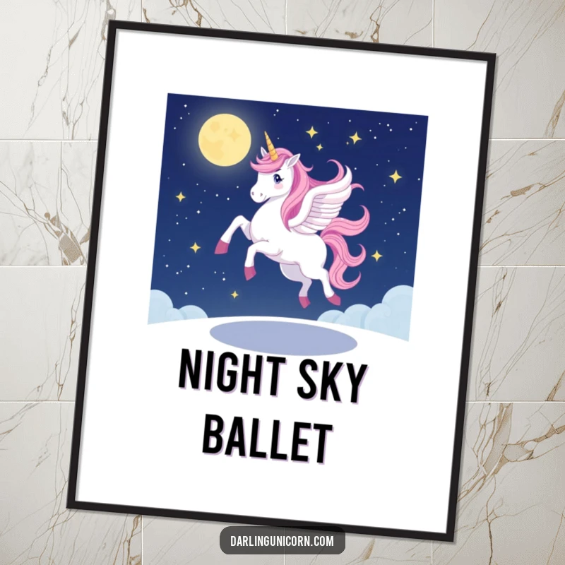 Funny unicorn digital art print of a unicorn performing a graceful, wobbly pirouette under a sparkling starlit night sky, perfect for instant magical wall decor.