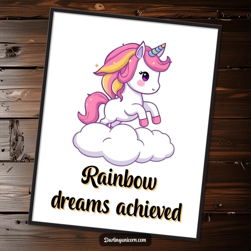Funny digital art print of a sparkling unicorn with a rainbow mane leaping beautifully over a fluffy cloud, ready to bring joy.