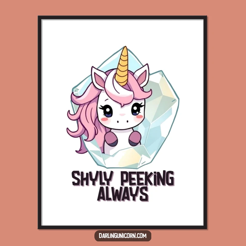 Funny Shy Unicorn Crystal Peek Digital Art - Enchanting Wall Decor Gift