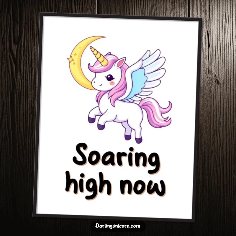 Funny Kawaii Unicorn Digital Art Print: A majestic unicorn with iridescent wings soars near a crescent moon, radiating cosmic enchantment.