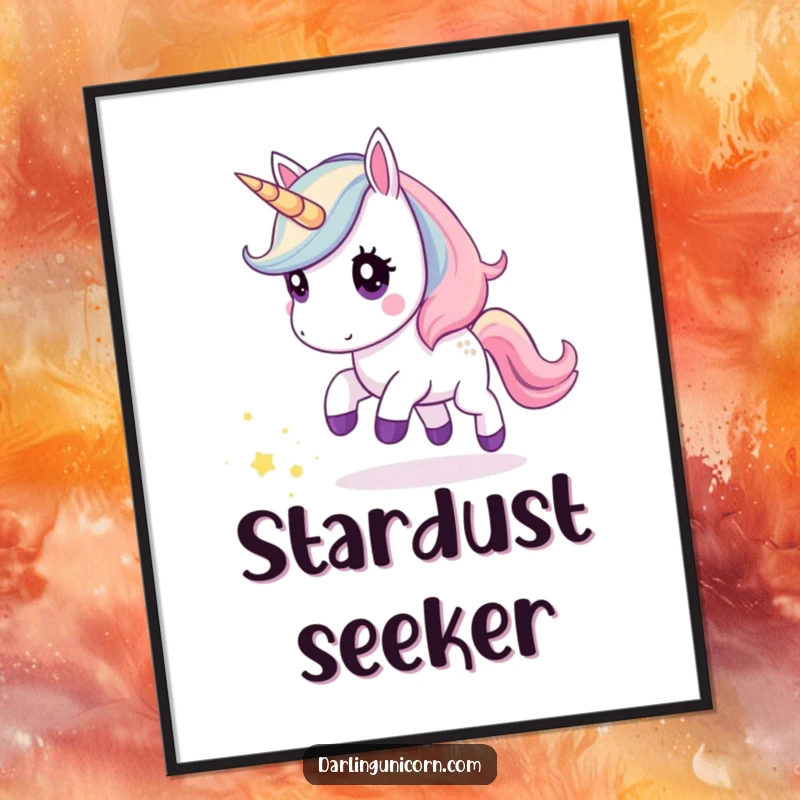 Funny digital art print of a kawaii unicorn curiously chasing a glittering trail of stardust, perfect for adding instant magic.