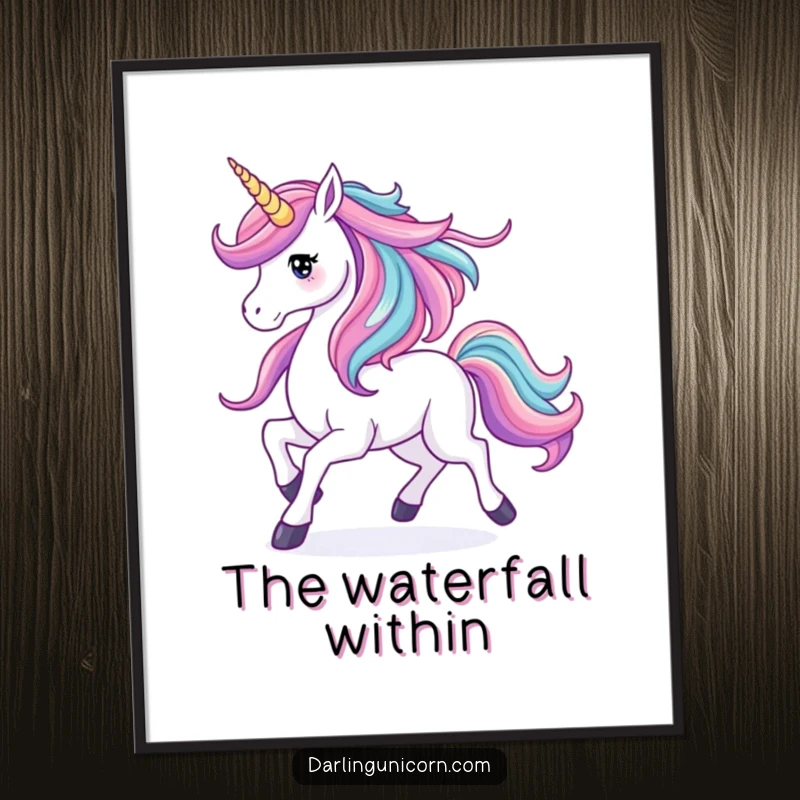 Funny digital art print of a prancing unicorn with its mane like a vibrant waterfall, bringing elegant movement and color to any space.