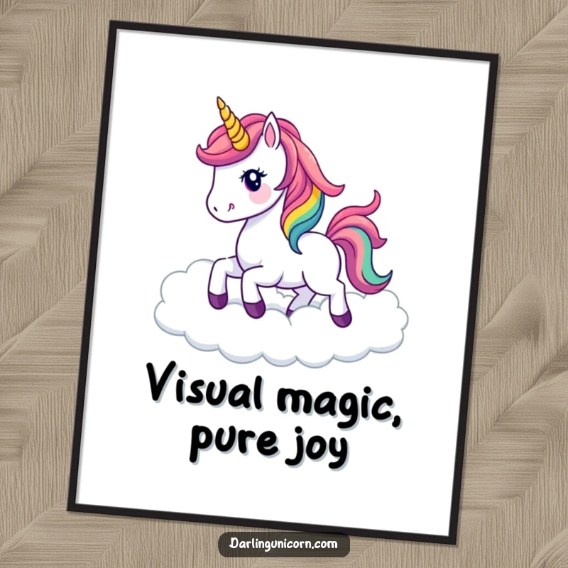 Funny kawaii unicorn with a flowing rainbow mane prancing joyfully through whimsical clouds, available as a high-quality digital art print.