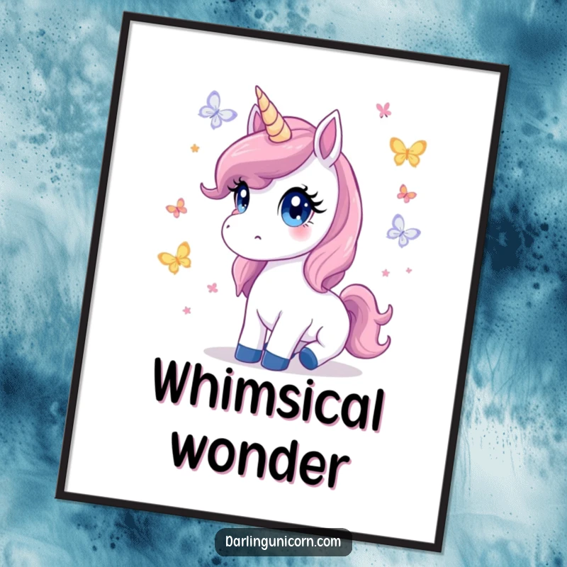 Cute digital art print of a unicorn with innocent eyes watching butterflies flutter, exuding peace, wonder, and magic.