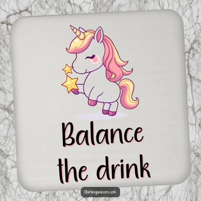 Funny drink coaster showing a unicorn balancing a sparkling star on its nose, bringing magical humor to beverage service.