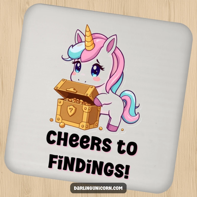Funny coasters featuring a surprised unicorn discovering a treasure chest, adding magical flair and surface protection.