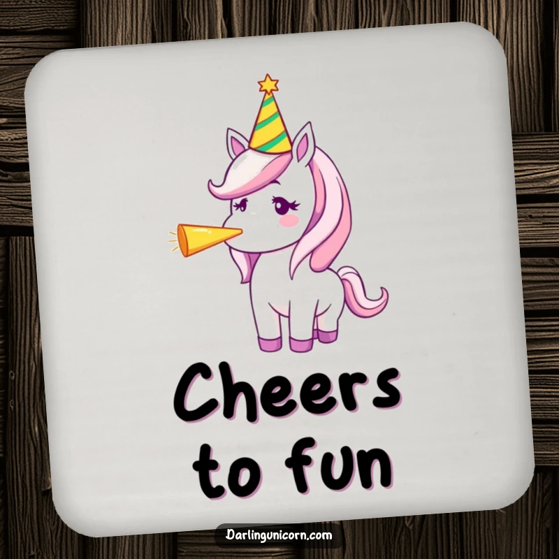 Funny coaster displaying a unicorn in a party hat blowing a party horn, adding festive charm and surface protection.