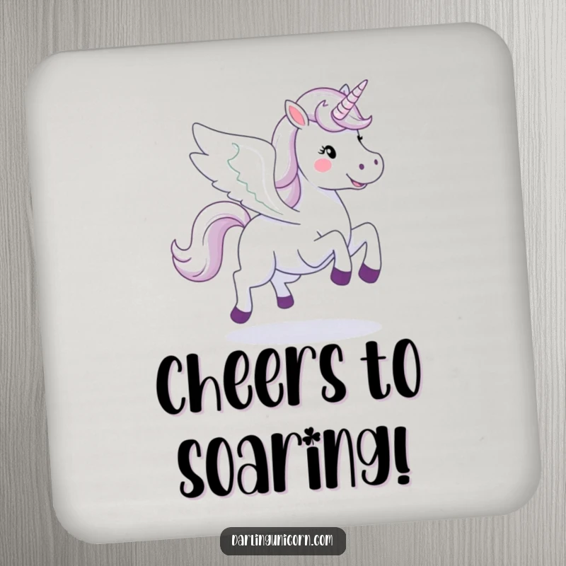 Funny happy unicorn with wings spread, galloping across a protective drink coaster.