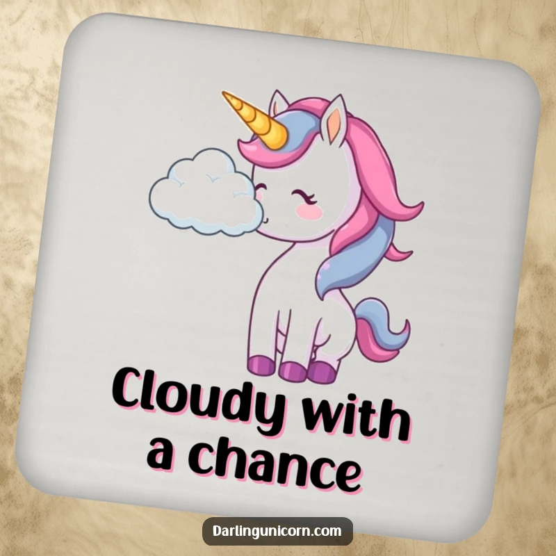 Funny unicorn drink coaster with a unicorn playfully nudging a cloud, protecting surfaces with magic.