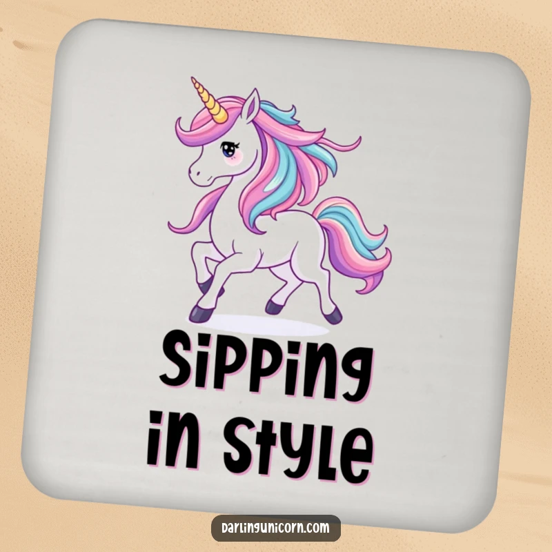 Funny coaster featuring a prancing unicorn with its mane like a vibrant waterfall, protecting surfaces with elegant, flowing artistry.