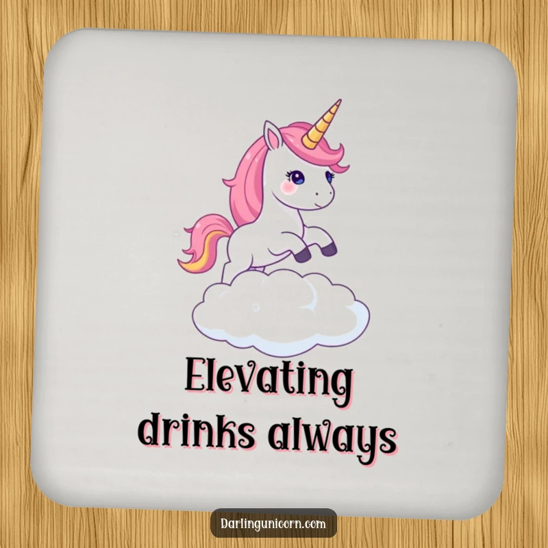 Funny coaster design of a unicorn with a shimmering horn jumping over a cloud, adding magical protection to surfaces.